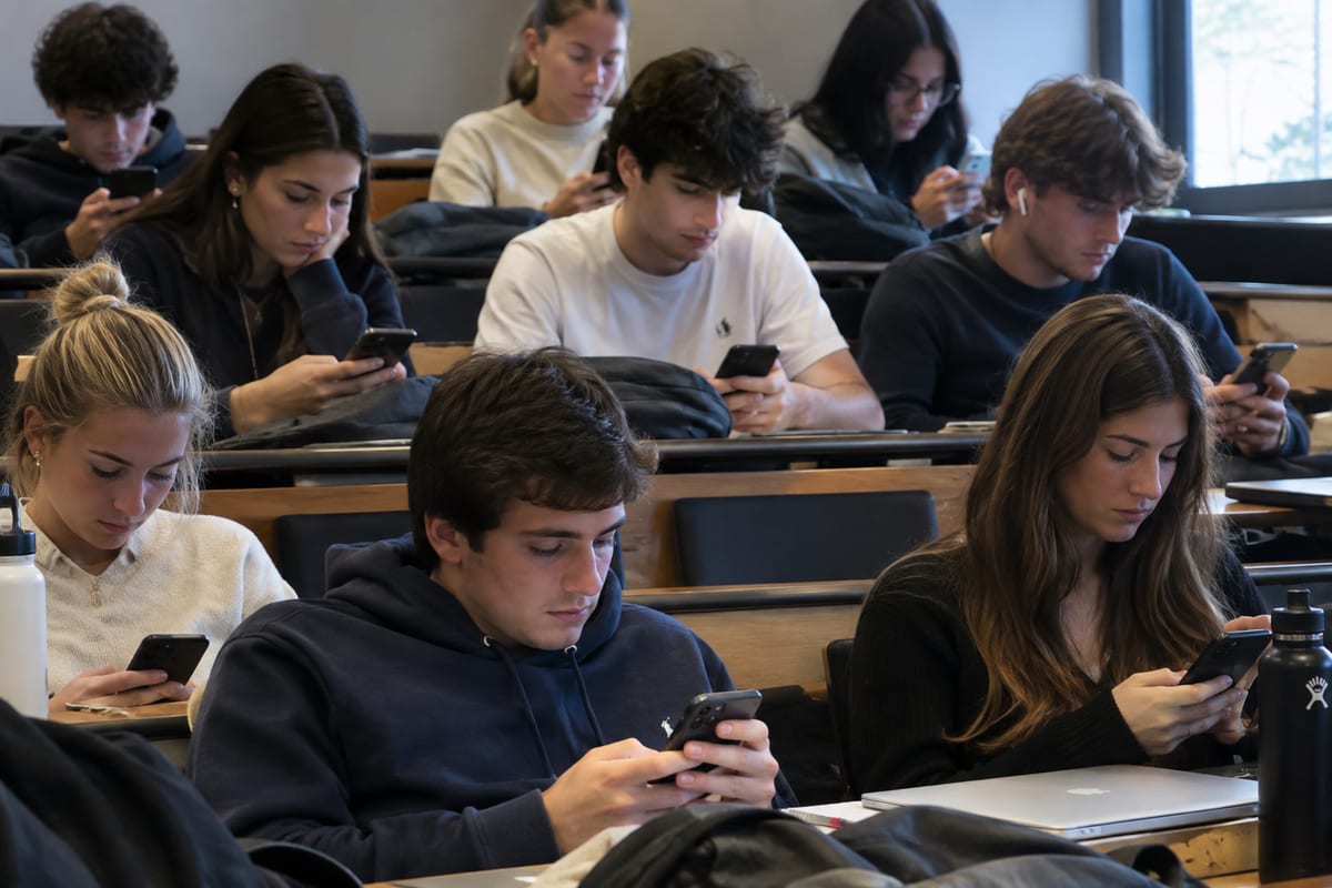 Des étudiants en amphithéâtre, chacun les yeux sur son téléphone