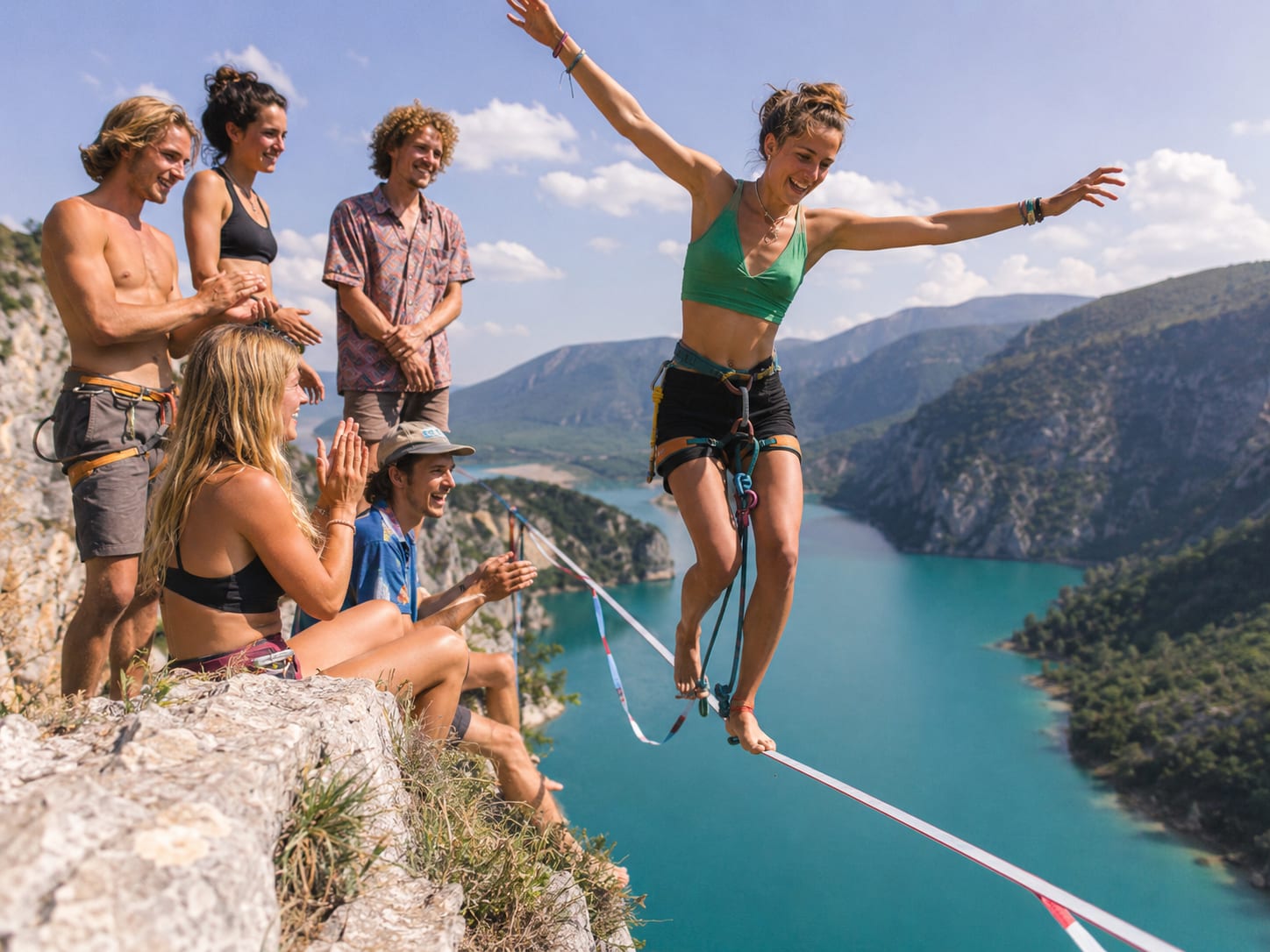 Une jeune femme marche sur une slackline, encouragée par ses amis