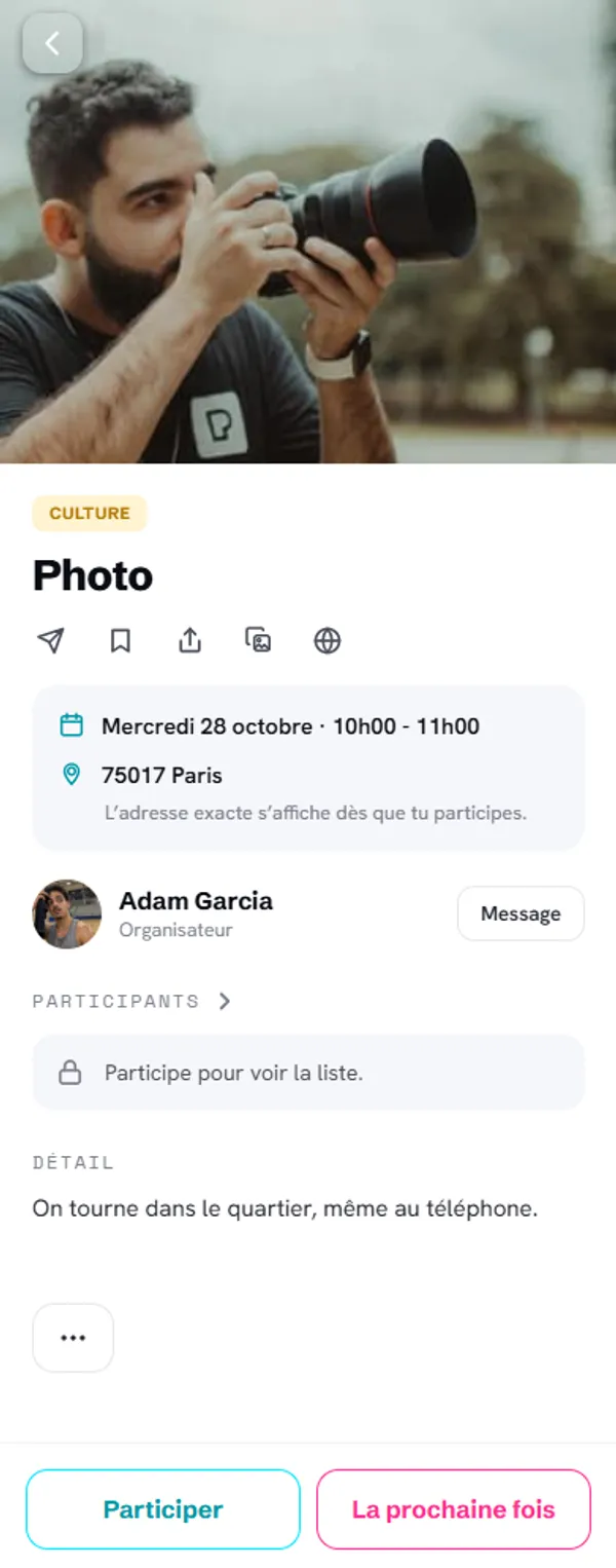 Écran d’une action Kumul : Photo, avec les boutons Participer et La prochaine fois