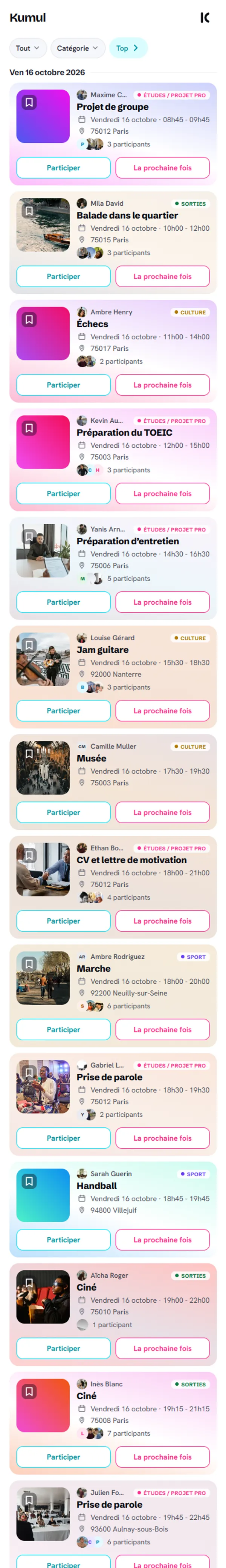 Écran des actions Kumul : les activités autour de moi
